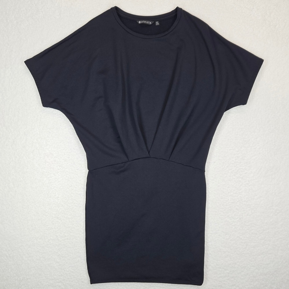 Athleta Pronto Pleated Dress Women's S Tall‎ Black Dolman Sleeve Midi Athleisure